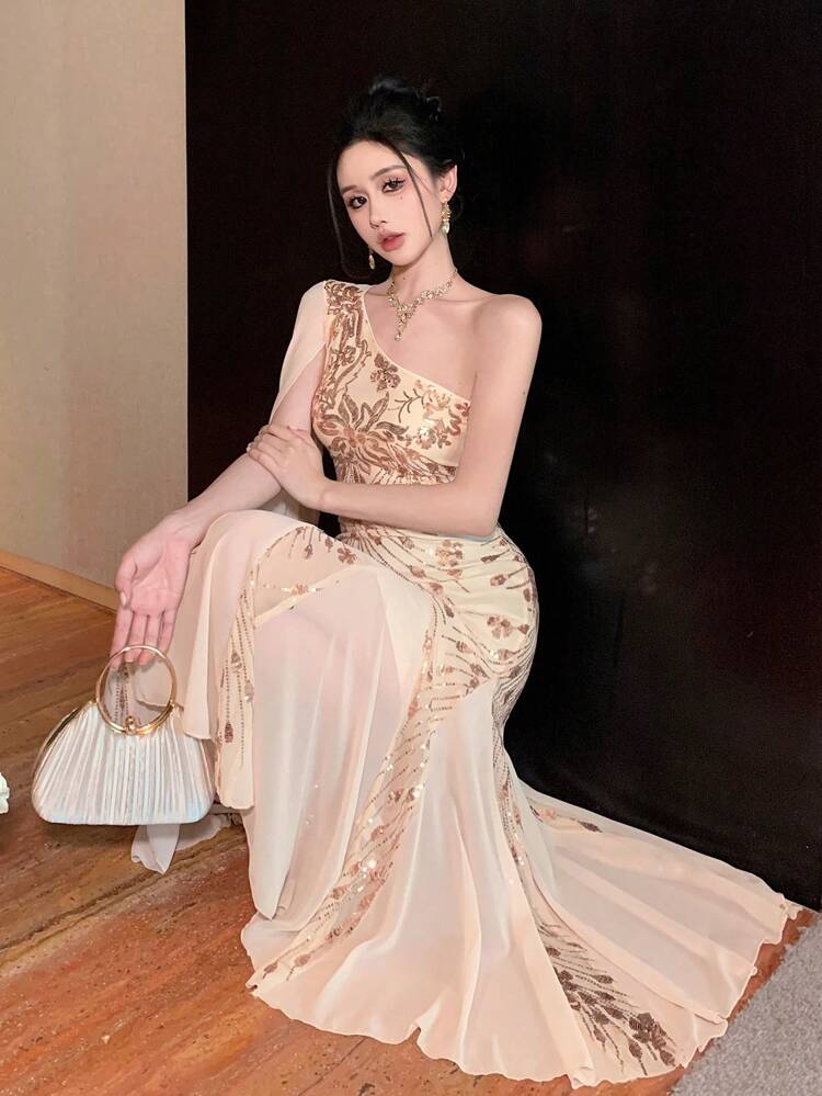 Vestido midi con escote asimétrico con volantes, con lentejuelas y parches, cola de pez, para mujer, vestido de fiesta, vestido formal, vestido de manga larga para otoño, vestido elegante de lujo, vestido nuevo año, conjunto de mujer para carnaval, vestido brillante, vestido floral para mujer