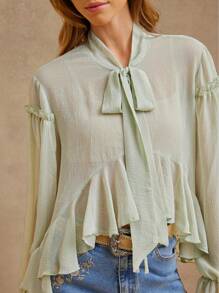 WESTFADE Neck Scarf Tie Ruffle Babydoll Long Bow Sleeve Crop Top, Spring Summer Vacation For Cowgirl