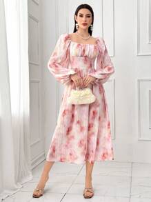 Modelyn Vestido casual de mujer con cuello cuadrado, manga larga, plisado y estampado floral