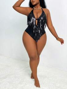 SHEIN Slayr CURVE Traje de baño de una pieza con escote halter calado para mujer de talla grande, sexy y elegante para fiestas, para vacaciones de verano en la playa