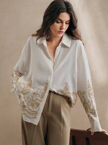 Anewsta 女士刺绣纯色优雅浪漫都市立领长袖衬衫