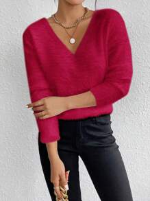 EMERY ROSE V-Neck Mink Cashmere Oversized Casual Soft Knitted Pullover Sweater, Autumn/Winter  Fall Outfit