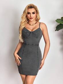 SHEIN Unity Women's Slim-Fit Casual Short Denim Dress With Spaghetti Strap - Grey - View 6