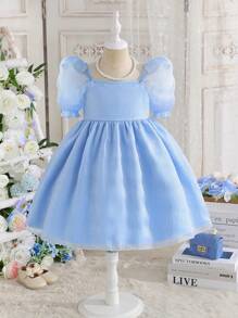 Young Girl Graceful Solid Color Bubble Sleeve Mesh A-Line Dress, Elegant Design