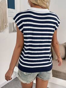 SHEIN LUNE Top de punto sin mangas con bloques de color, rayas y decoración de lazo, versátil para usar como ropa exterior en primavera/verano - Azul - Ver 2