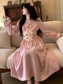 DAZY Women's Patchwork Collar Bowknot Frill Trim Mid-Length Dress,Fall Dress Long Sleeve Dress - Pink - View 8