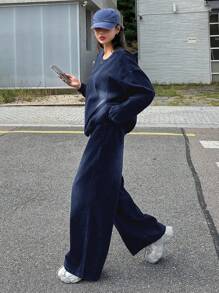 DAZY 1 套纯色宽松牛仔衬衫和阔腿裤女士牛仔套装，秋季服装