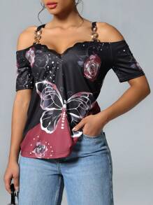 SHEIN LUNE 性感露肩修身 T 恤，带蕾丝花边领口 - 玫紅色 - 查看 1