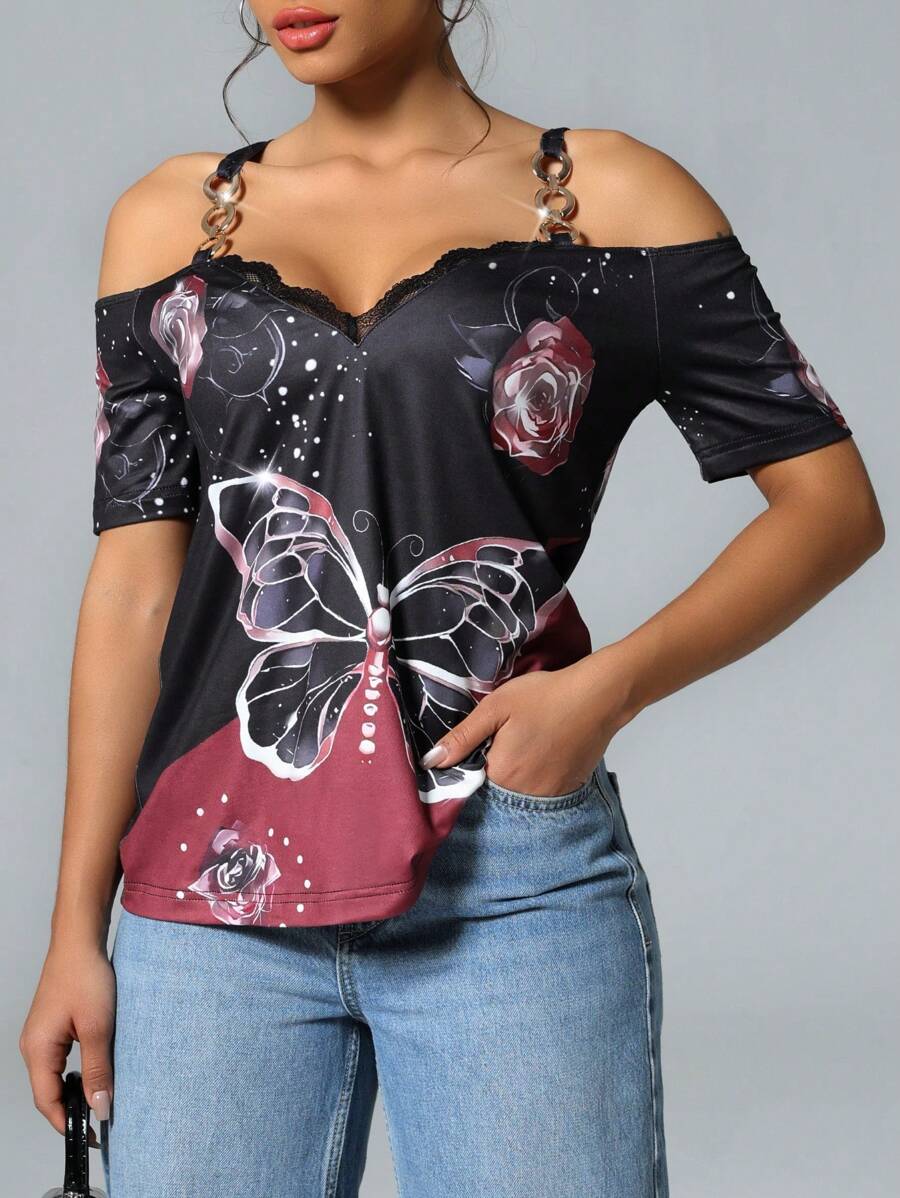 SHEIN LUNE 性感露肩修身 T 恤，带蕾丝花边领口 - 玫紅色 - 查看 1