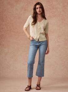 Écloséra Áo cánh đan móc tay ngắn giản dị thanh lịch - Màu be - Xem 5