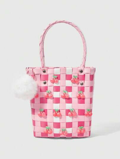 Kawaii Fashionable Checkerboard Woven Cherry Decor Handbag