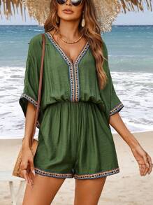 SHEIN PETITE 女士纯色拼接长袖休闲 V 领荷叶边连体裤