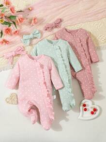 6pcs Newborn Baby Boys/Girls Cute Polka Dot Bow Decor Ruffled Zip Up Long Sleeve Jumpsuit With Pants Pajamas Set