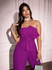 SHEIN Unity Plus Size Women Knitted Jumpsuit With Bowknot ,Valentine - Purple - View 3