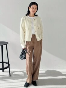 FRIFUL 女士纯色前扣长袖口袋休闲上衣，日常穿着 - 白色 - 查看 2