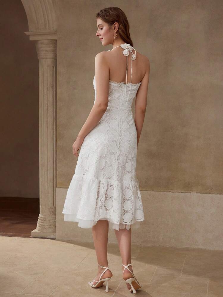 LACE RUFFLE HEM HALTERNECK DRESS