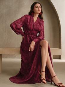 Anewsta Going Out Small Stand Collar V-Neck Lantern Long Sleeve Semi-Sheer Cinched Waist Floral Fabric Elegant Modern Long Dress Women Thanksgiving Outfit Christmas Theme Festival Spring Outfits For Women Vacation Outfits Woman - Burgundy - View 8