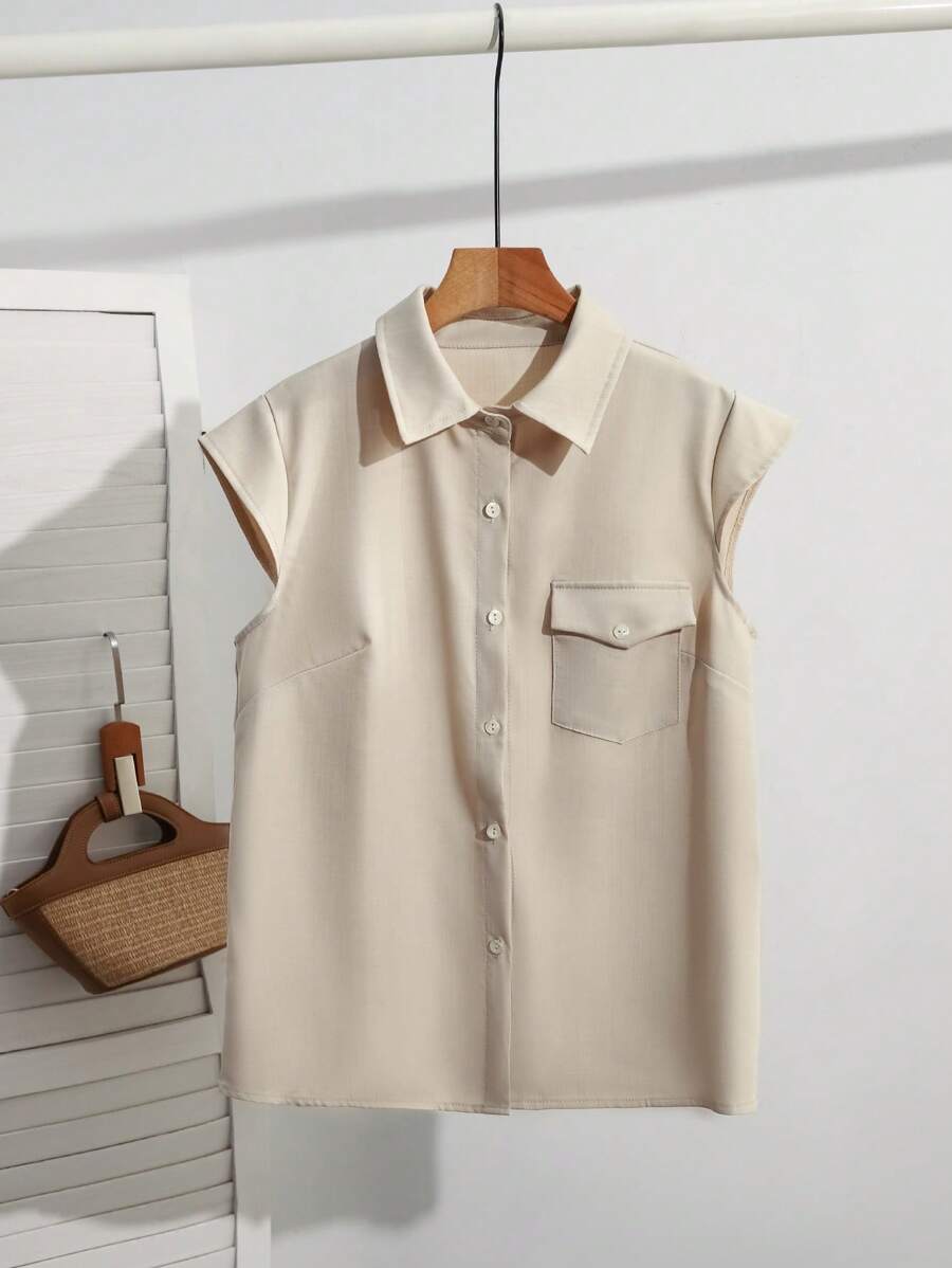 SHEIN Unity Casual Simple Apricot Single Breasted Pocket Shirt - Apricot - View 1