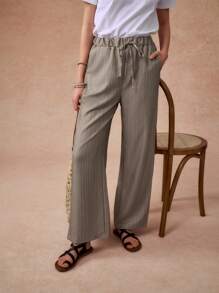 Casual Loose Straight Elastic Waist Drawstring Pants, Spring & Summer Fall Cloth For Women - Khaki - View 1