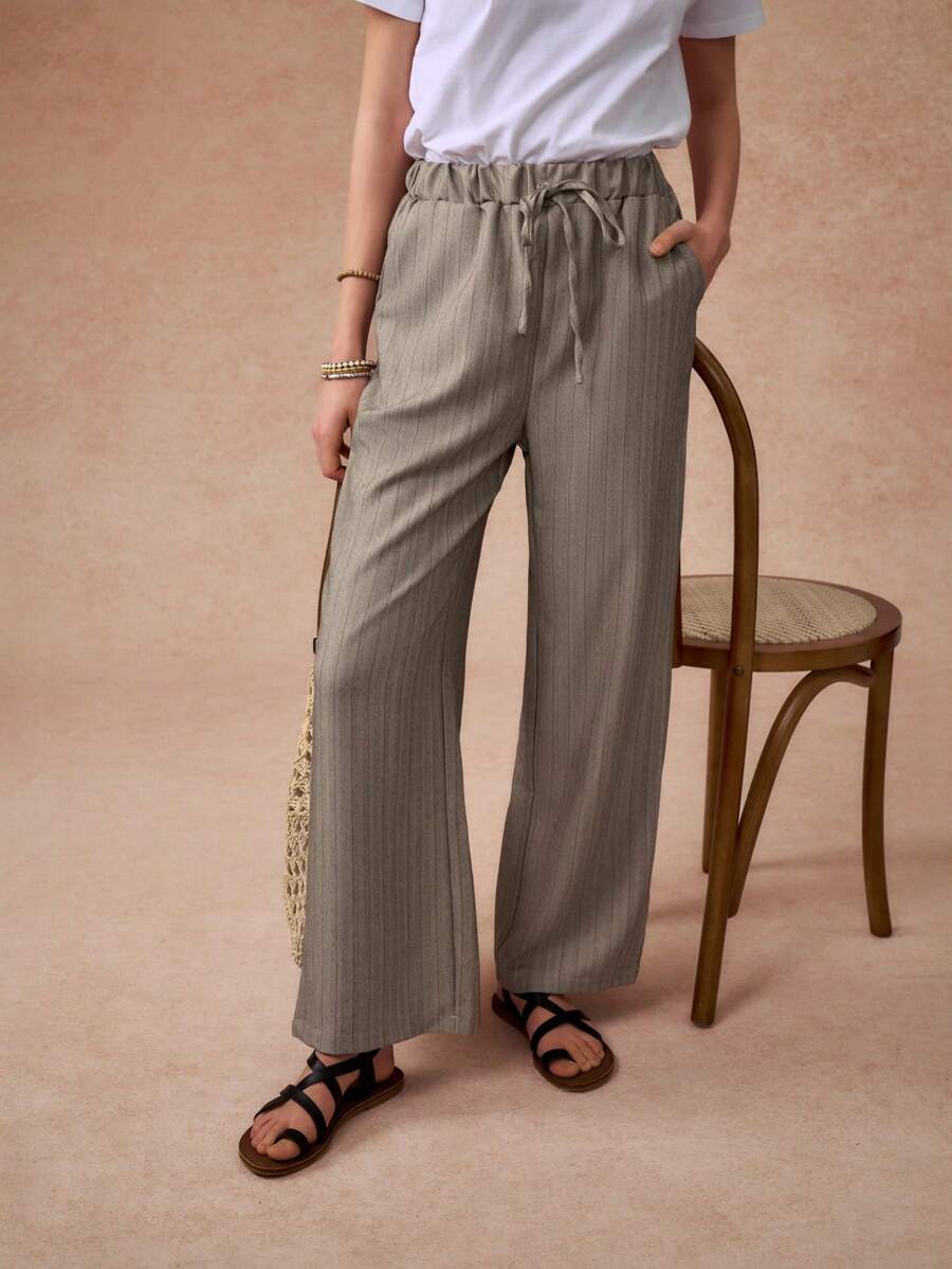 Casual Loose Straight Elastic Waist Drawstring Pants, Spring & Summer Fall Cloth For Women - Khaki - View 1