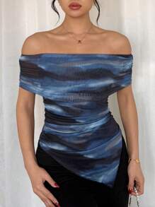 Chiquease Women's Graphic Print Ruched Off Shoulder Backless Mesh Asymmetrical Hem T-Shirt - Multicolor - View 1