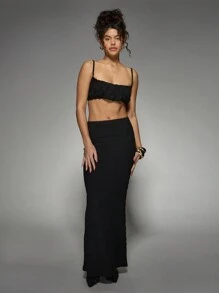 MISSGUIDED Ruched Bubble Texture Bralet And Maxi Skirt Co-Ord Set Elegant Evening Party Two Piece Set Festival Concert Outfit Club Wear Dance Performance Ensemble - Black - View 1