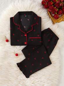 时尚女童荷叶边领泡泡褶皱樱桃印花睡衣套装 - 黑色 - 查看 5