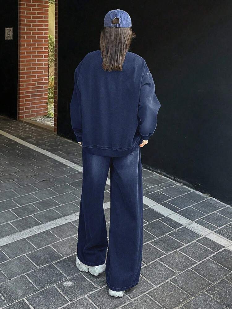 1set Solid Color Loose Denim Shirt & Wide Leg Pants Women Denim Suit,Fall Clothes