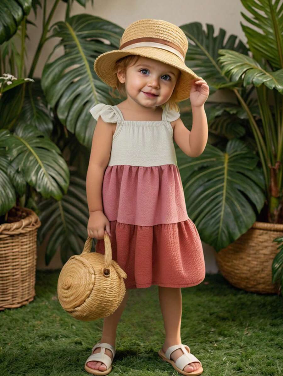 SHEIN 女婴幼儿 0-3 岁春夏新款百搭休闲渐变色雪纺宽松无袖及膝连衣裙，适合居家和户外穿着