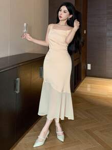 DAZY Vestido de mujer de longitud media con cuello cuadrado sin mangas, plisado, patchwork, vestido de fiesta, volantes, vestidos formales de mujer