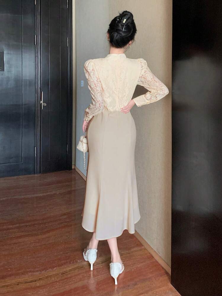 Lace Patchwork V-Neck Puff Sleeve Fishtail Midi Dress For Women,Ruffle,Fall Dress Long Sleeve Dress