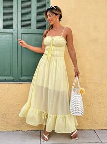 Franclia Vestido de talla grande con estilo francés, elegante, con tirantes de encaje y lazo en la cintura