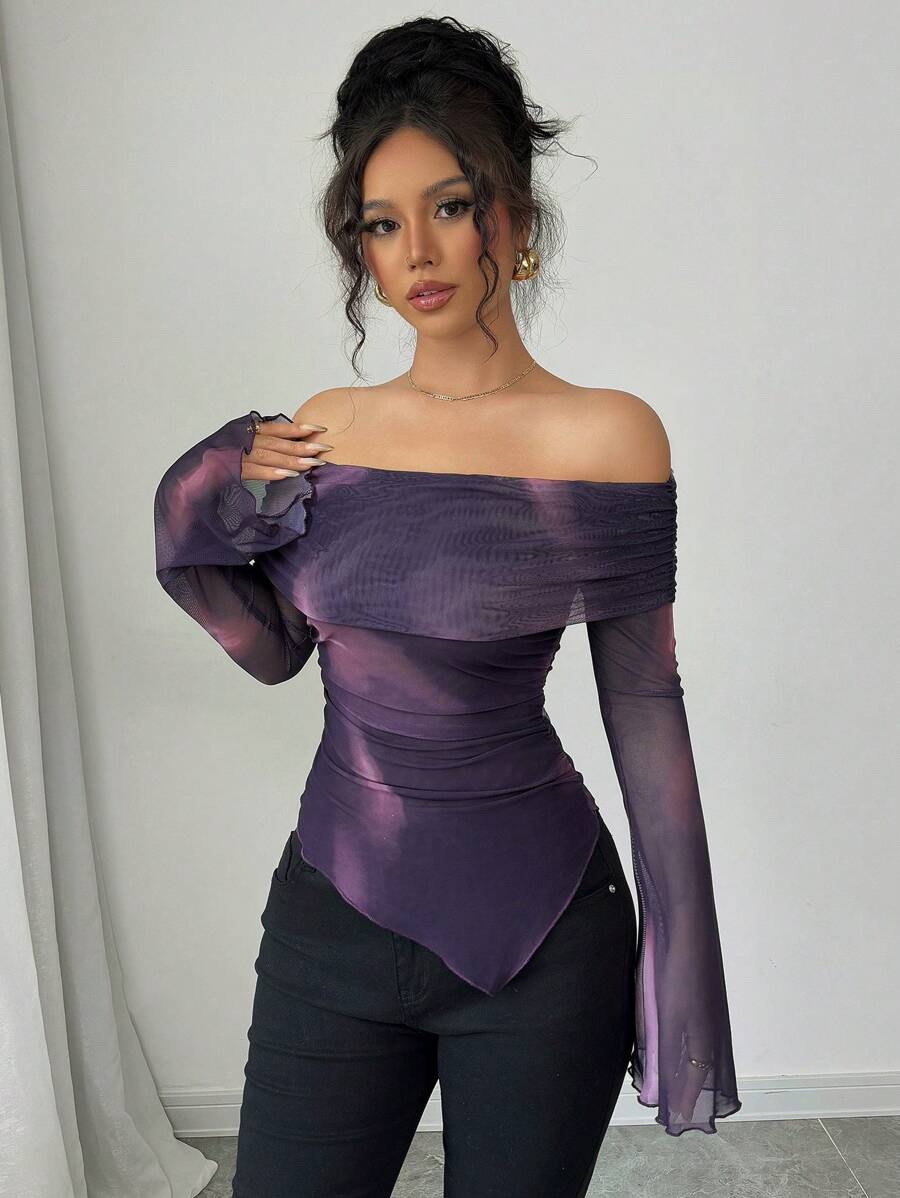 Selianne 女式露肩长袖简约T恤，适合日常休闲穿着，图案T恤，女式春季上衣