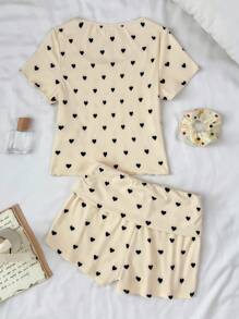 SHEIN Leap Crew 少女夏季杏色针织 BM 纯色女童爱白色蝴蝶结图案圆领紧身上衣和针织紧身收褶短裤两件套，干净的女童/剪裁/蝴蝶结/夏装/夏季可爱衣服 - 杏色 - 查看 2