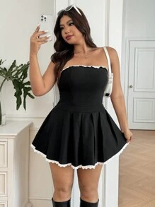 CovetEZ Plus Size Women Contrast Color Ruffled Hem Tube Top A-Line Dress,Graduation Dress - Black - View 1