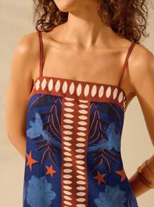 CAJUNI Women's Boho Style Star, Flower, Bird & Plant Print Spaghetti Strap Back Tie Short Casual Beach Summer Dress - Multicolor - View 8