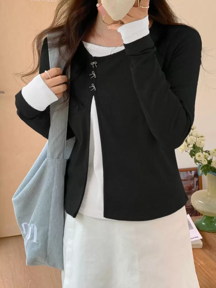 Women's Contrast Color Long Sleeve 2 In 1 Oblique Lapel Round Neck Butterfly T-Shirt,Fall Clothes