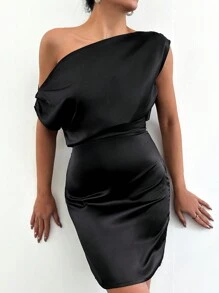 RueChic Asymmetrical Neck Fitted Dress - Black - View 3