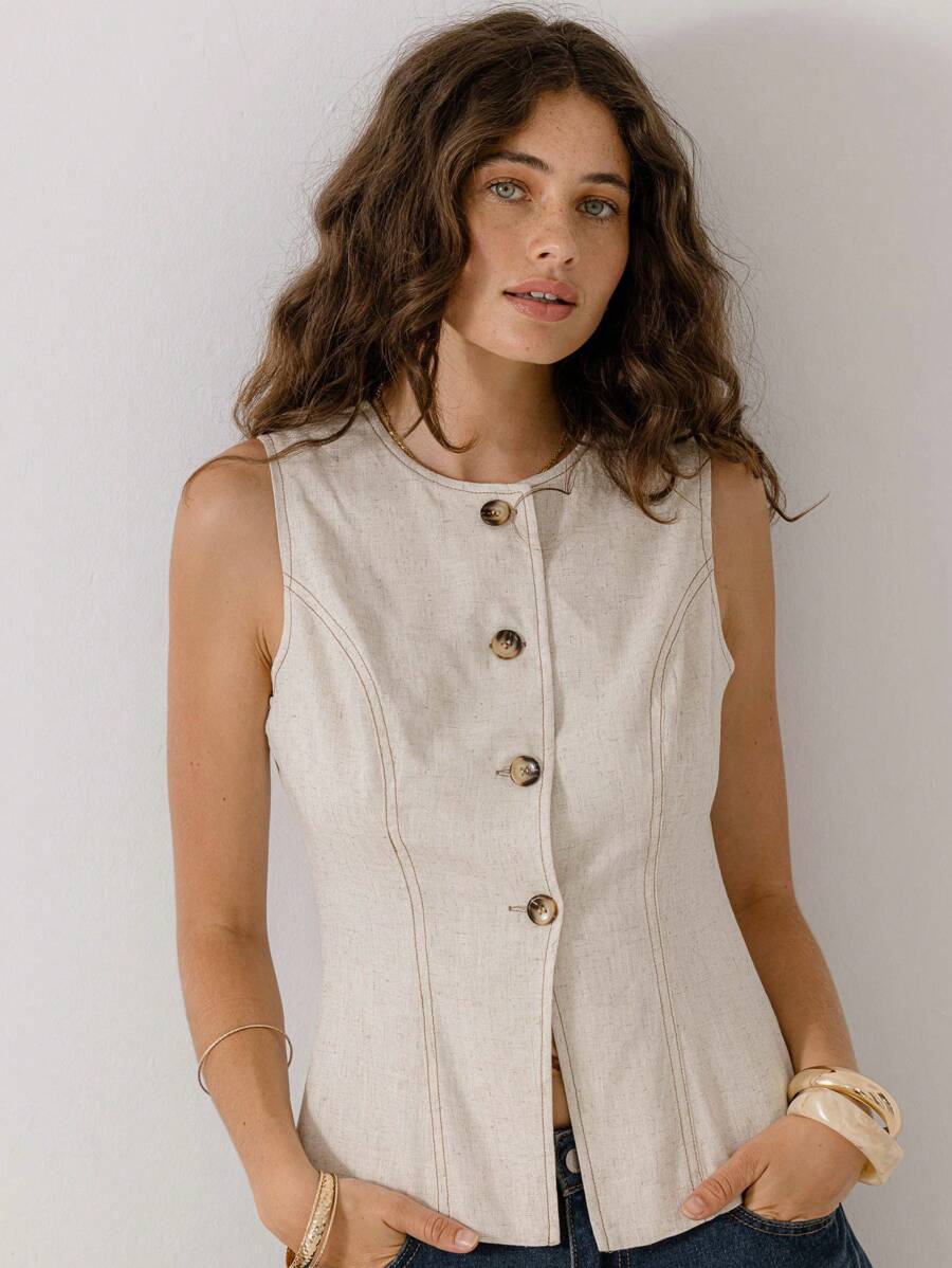 Aralina 长款亚麻海滩度假定制夏季背心 - 米色 - 查看 1