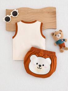 SHEIN Newborn Baby Contrast Color Splicing Cartoon Print Sleeveless Top And Shorts Set
