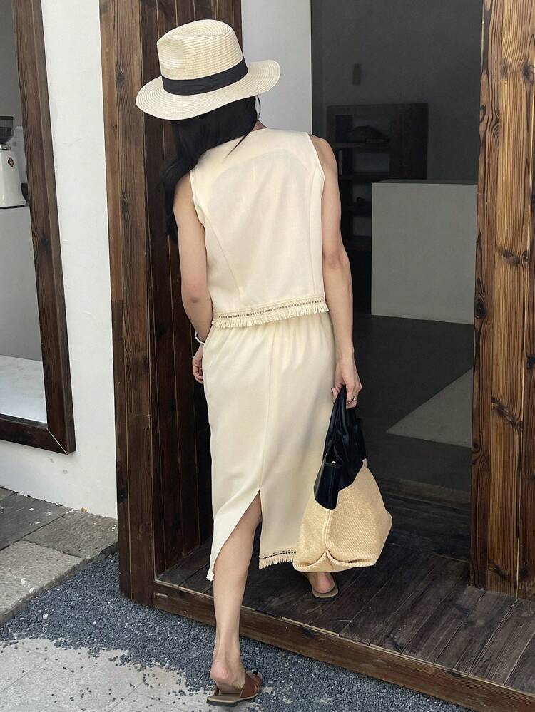 2pcs/Set Women Solid Color Fringed Tie Front Vest And Skirt Business Attire