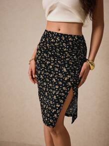 Poéselle 女士花卉印花高低不等摺紋優雅中長款裙子，適合度假 - 黃色 - 查看 1