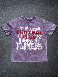 Manfinity Roghcode تيشيرت رجالي بتصميم طبقتين مغسول بالثلج مطبوع بألوان متباينة وأحرف متعددة، ملابس شارع للشباب - الأرجواني - مشاهدة 3