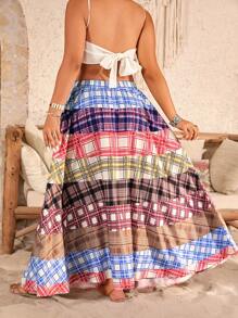 Breezaya Falda larga casual de talla grande para mujer con cintura elástica y estampado a cuadros