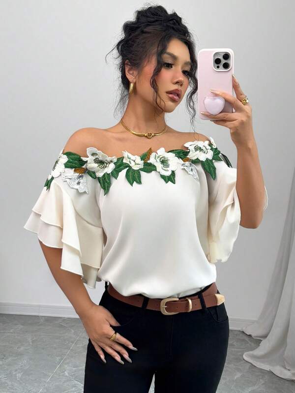 Rafferiza Blusa casual sexy para mujer con hombros descubiertos y flores 3D