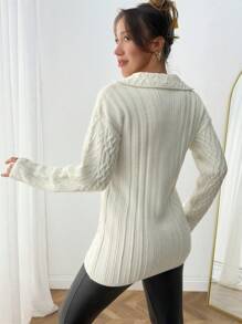 SHEIN Women Solid Color Cable Knit Patten Collar Neck Drop Shoulder Pullover