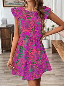 Breezaya Vestido con estampado floral y volantes, conjunto para vacaciones y playa para mujeres - Morado - Ver 5