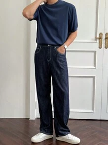 DAZY Autumn Solid Color Pocket Loose Casual Men's Denim Jeans - Blue - View 2