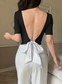 SHEIN Unity 新款优雅露背白色蝴蝶结上衣 - 彩色 - 查看 6
