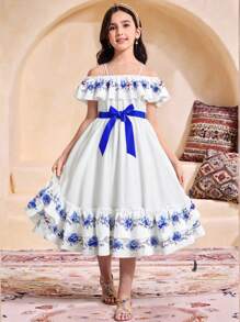 1pc Tween Girl Off-Shoulder Blue Floral Print Ruffle Hem Mid-Length Dress With Waist Rope, Spring/Summer - Blue and White - View 6